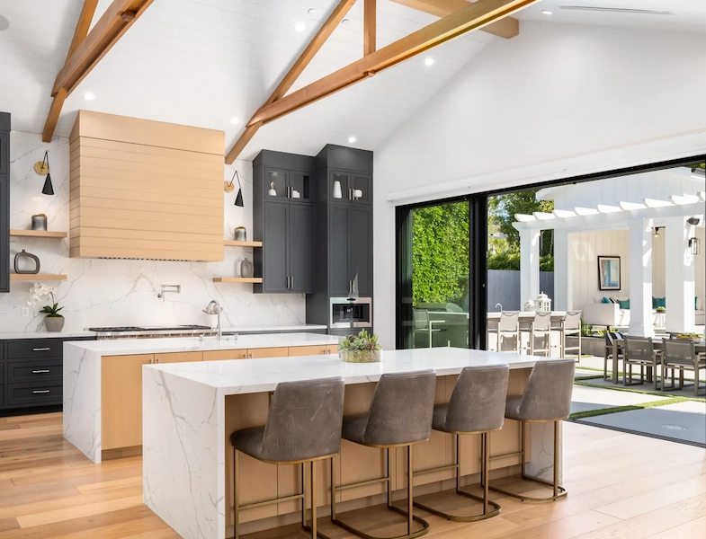 Large open kitchen with black
