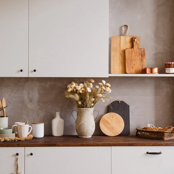 White rustic kitchen with wooden countertop