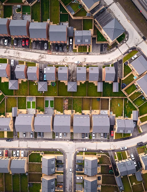 aerial-view-directly-above a new build housing estate in the states