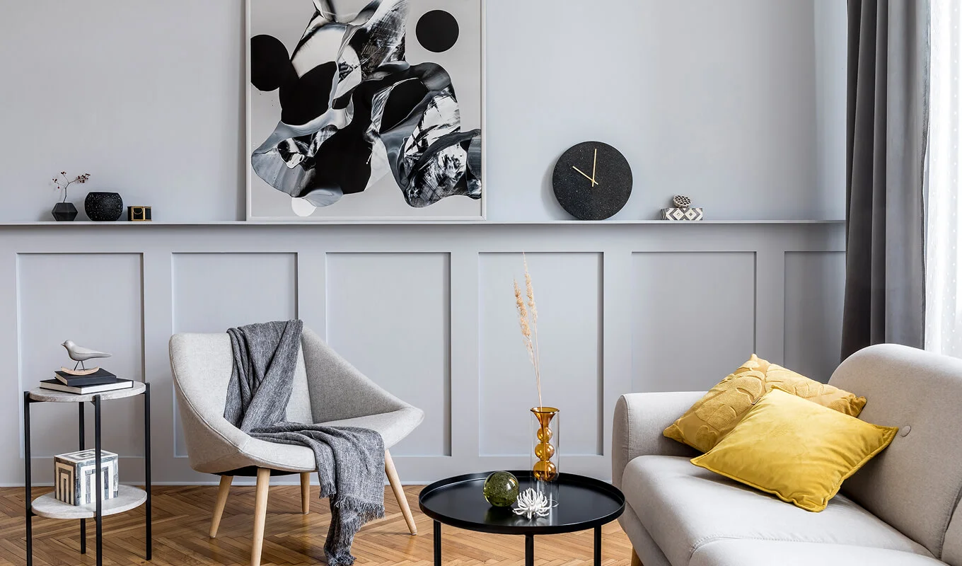 scandinavian home interior of living room with monochrome design