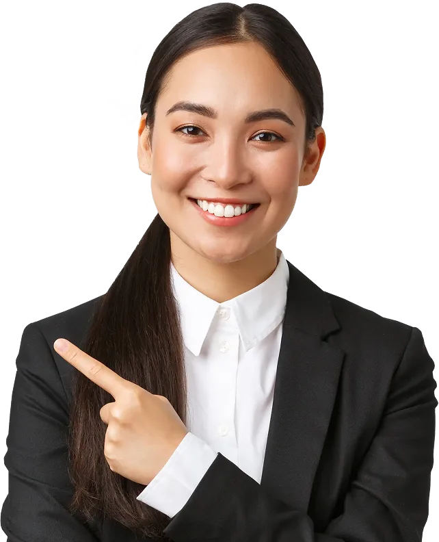 happy professional asian female manager businesswoman in suit showing announcement