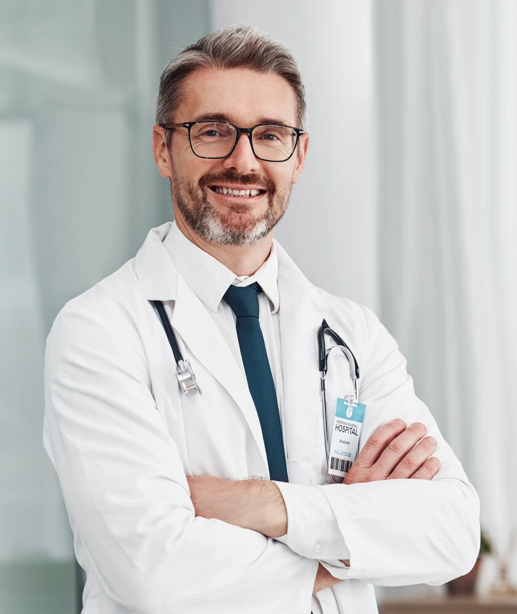 healthcare smile and portrait of doctor man in hospital