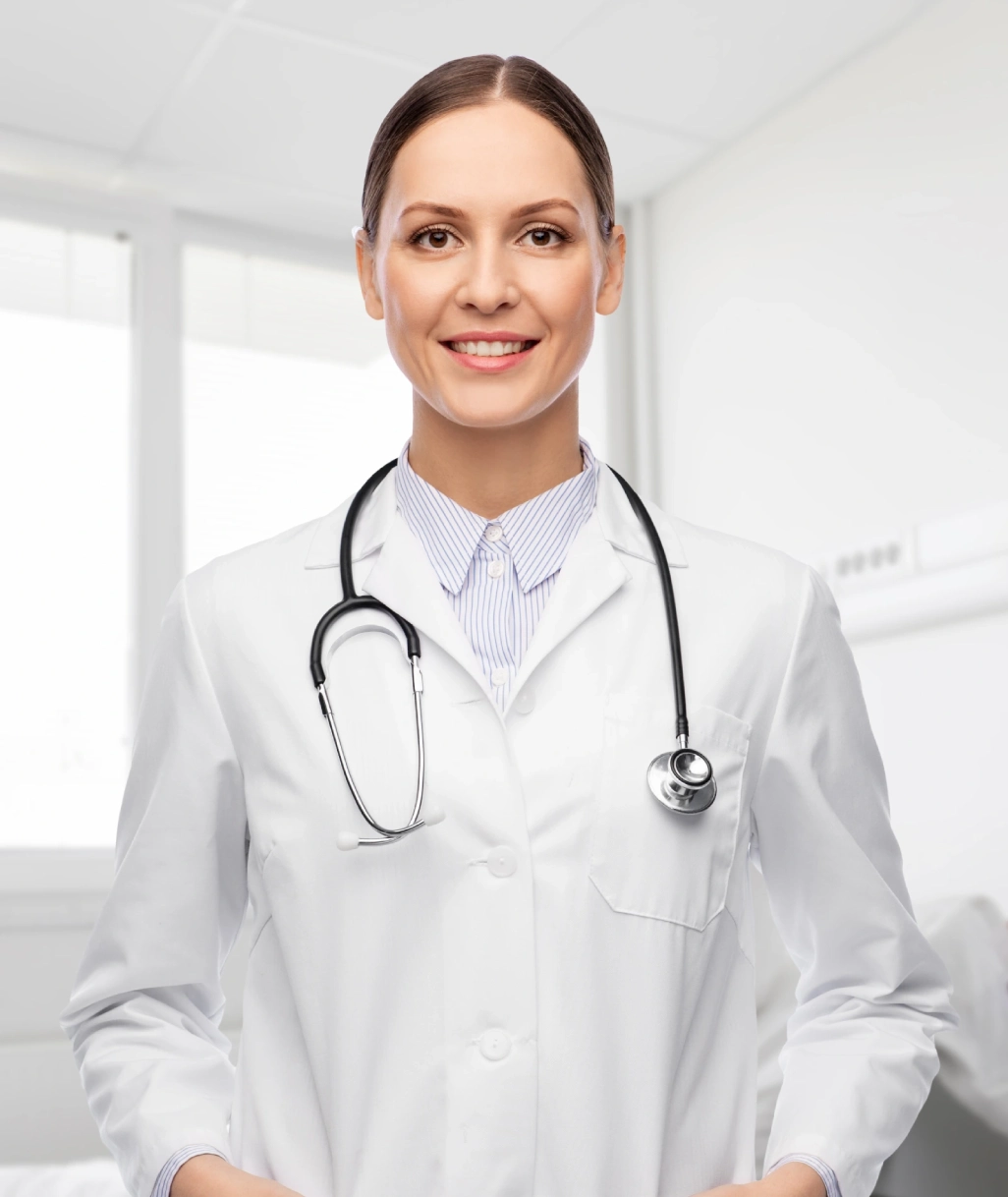 senior female doctor in white coat