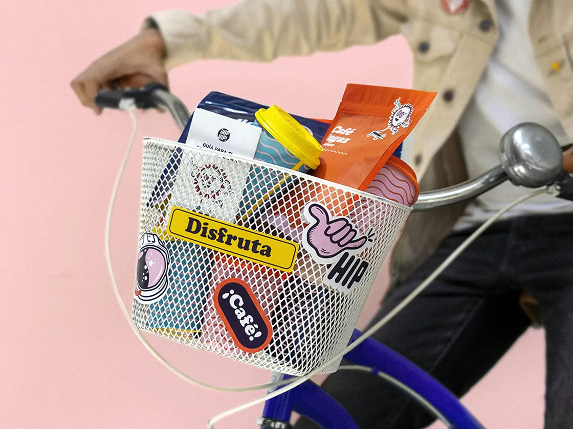 Branded packaging products displayed in a bicycle basket