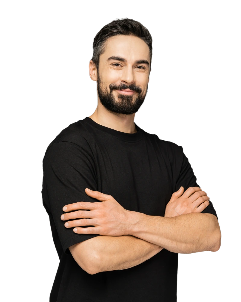 smiling brunette and bearded man in casual black